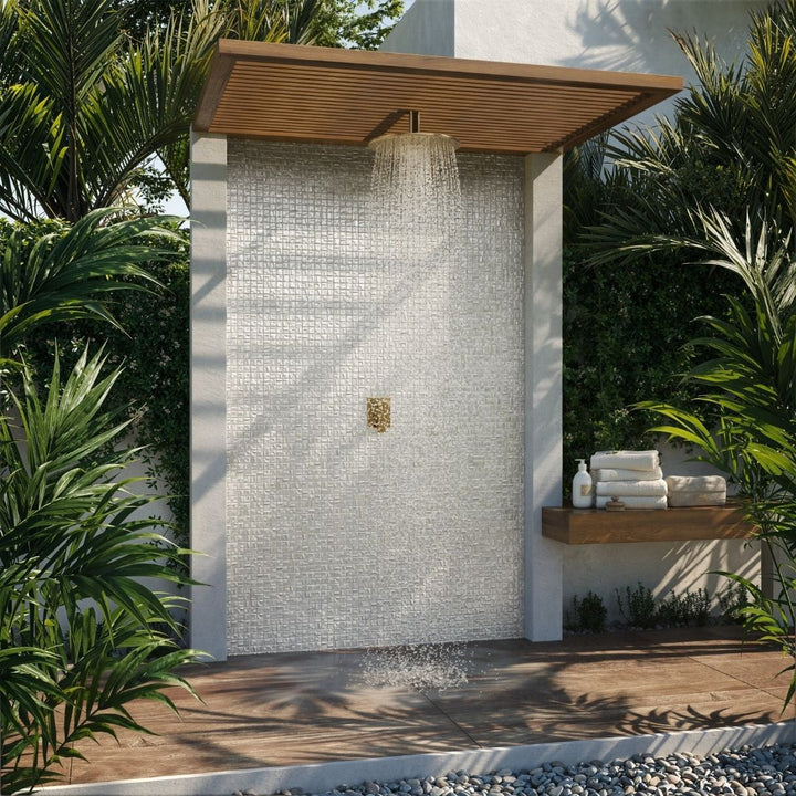 white mosaic glass tile on outdoor shower