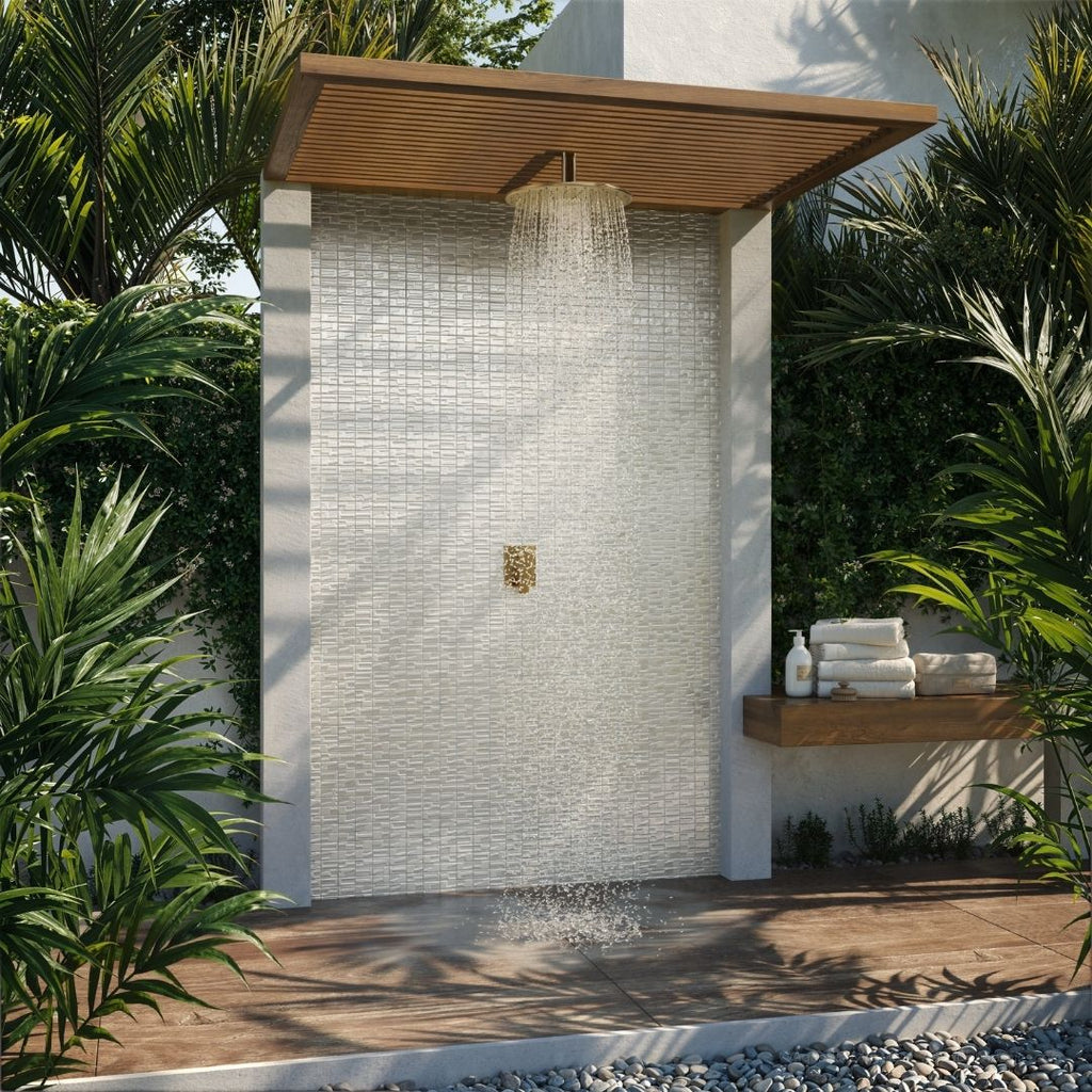 white mosaic glass tile on outdoor shower