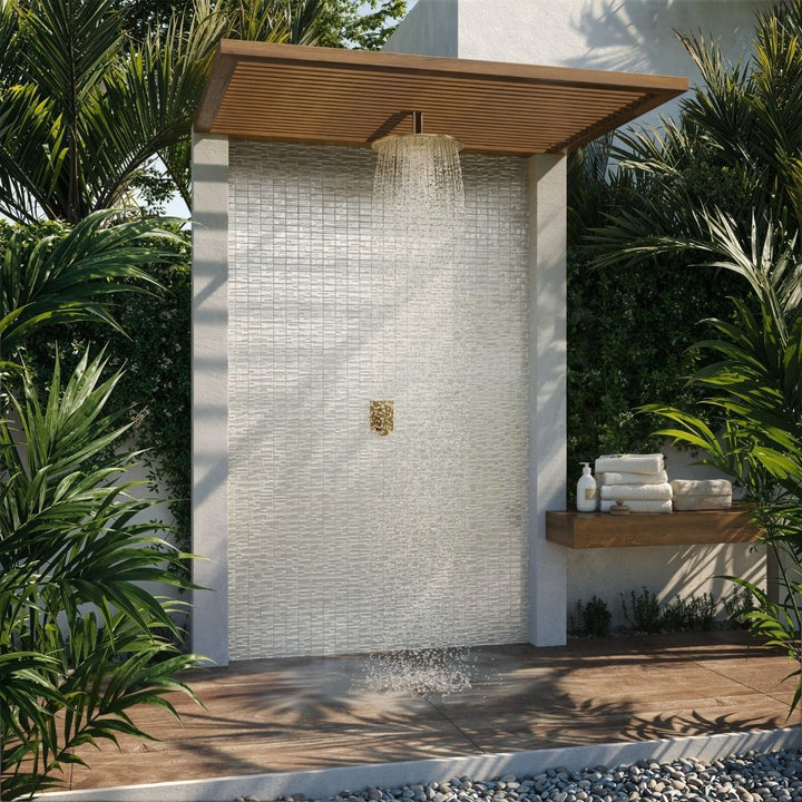 white mosaic glass tile on outdoor shower