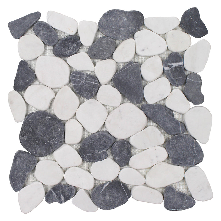 Beach Stones White/Blue Mix, Pebble Tile | Natural Stone by Tesoro