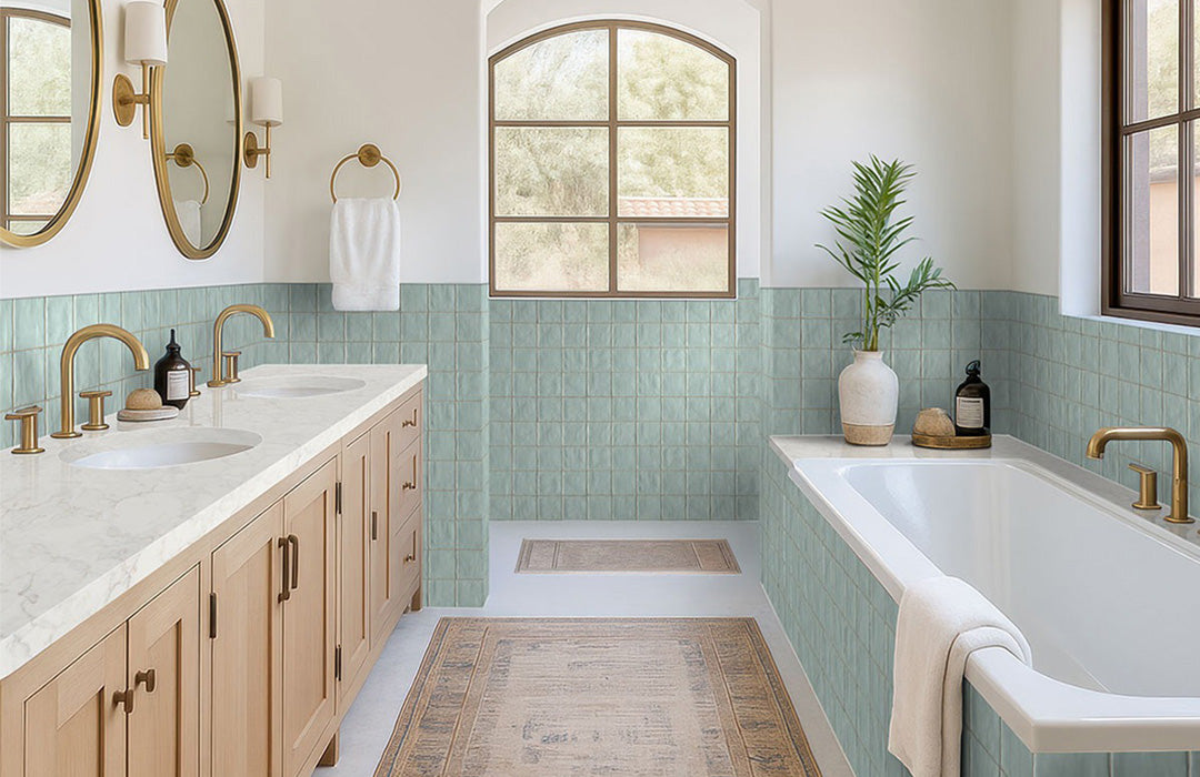 Bathroom with green tiled walls, wooden vanity, and white bathtub.