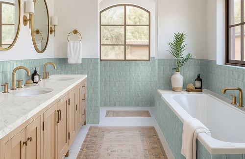 Bathroom with green tiled walls, wooden vanity, and white bathtub.