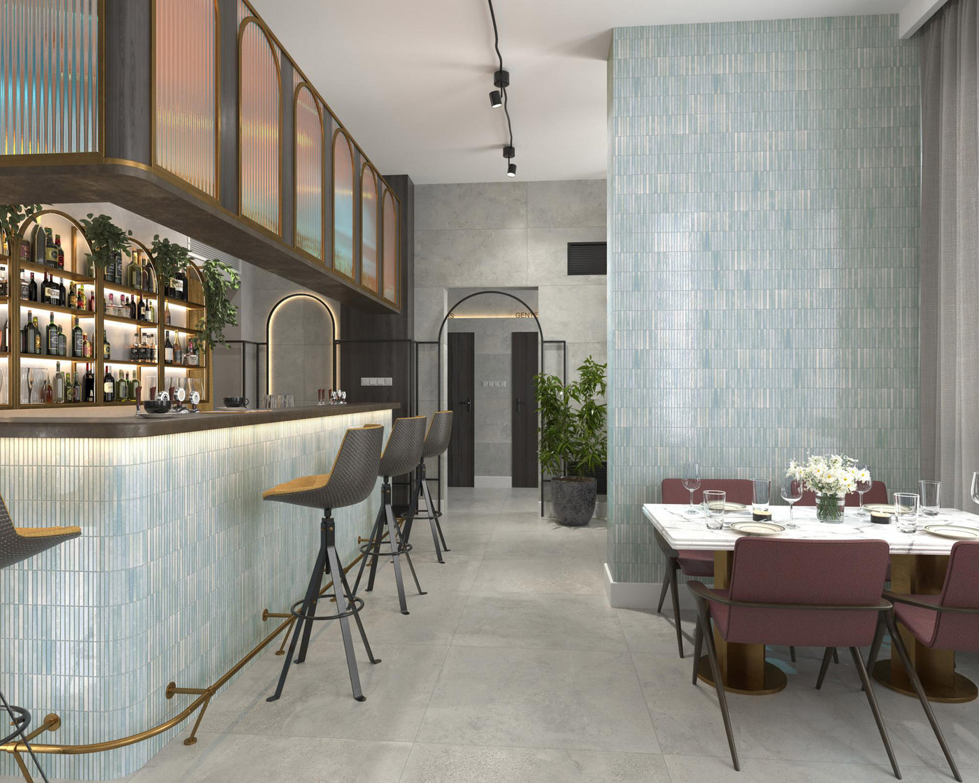 Modern interior of a restaurant with bar area and dining table.