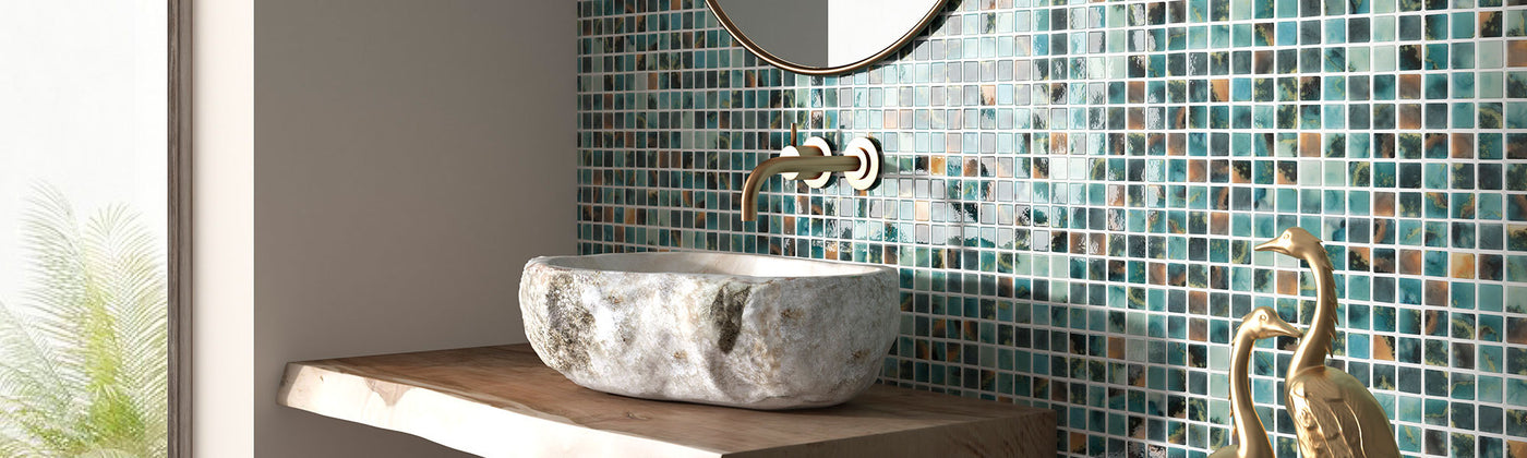 Estelar series glass mosaic tile by Vidrepur on bathroom vanity wall