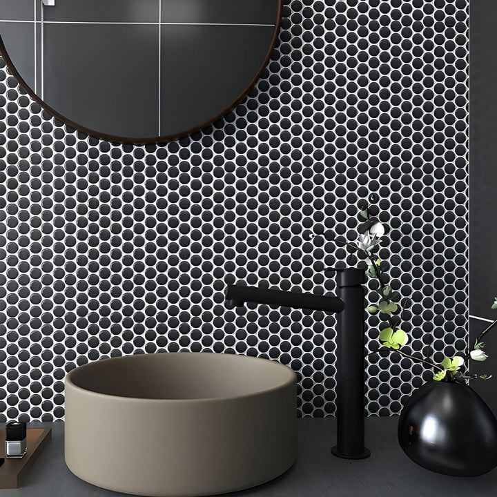 Black Matte, Penny Round Mosaic | Porcelain Tile by Fujiwa
