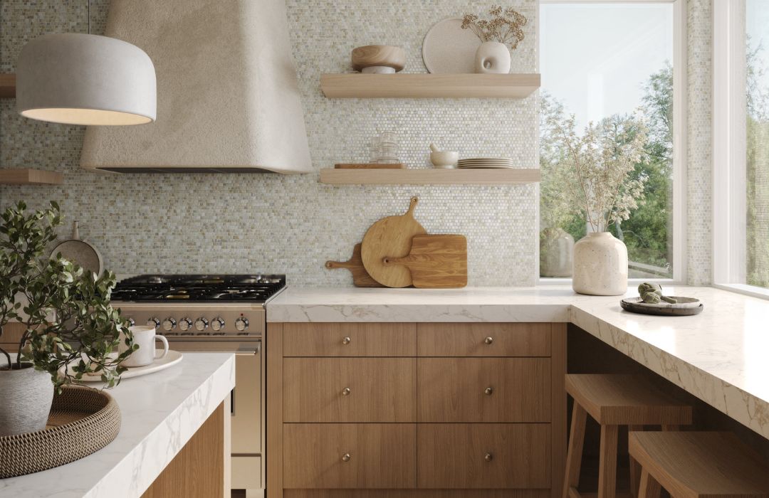 cream glass tile with stove, cutting boards, lamp, stools and plates