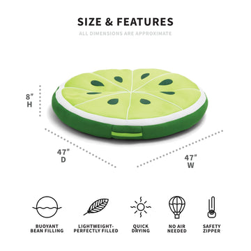 Inflatable pool float shaped like a lime with dimensions and features listed.