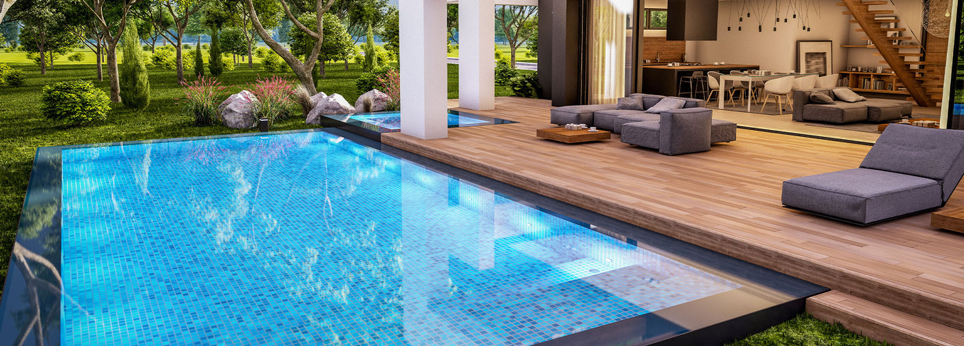 Outdoor living space with all glass tile swimming pool finish and patio furniture 