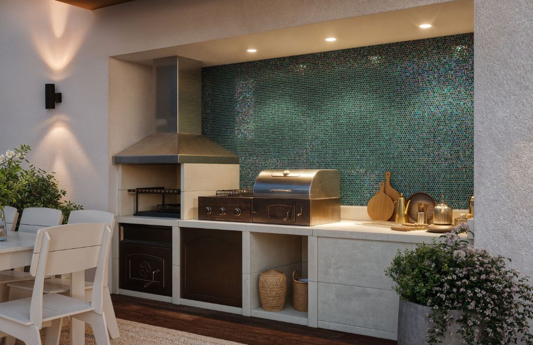 green glass tile with an outdoor stove, oven, flowers, cutting boards, table and chairs
