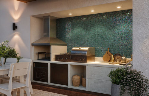 green glass tile with an outdoor stove, oven, flowers, cutting boards, table and chairs