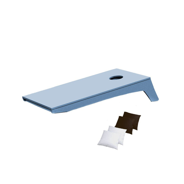Ledge Lounger Cornhole Game | Sky Blue Board with White and Brown Bags | Luxury Outdoor Games