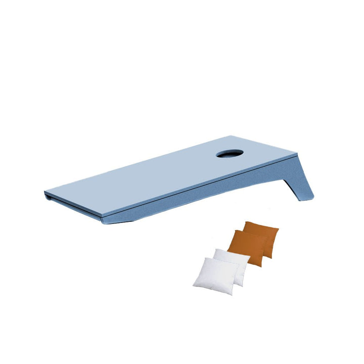 Ledge Lounger Cornhole Game | Sky Blue Board with White and Gold Bags | Luxury Outdoor Games