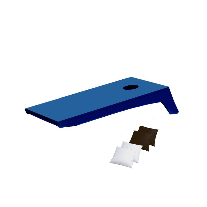 Ledge Lounger Cornhole Game | Navy Blue Board with White and Brown Bags | Luxury Outdoor Games