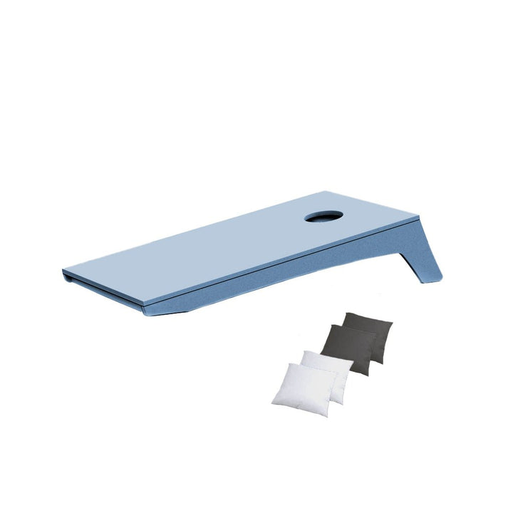 Ledge Lounger Cornhole Game | Sky Blue Board with White and Charcoal Bags | Luxury Outdoor Games