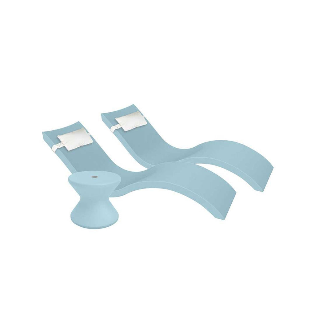 Outdoor Paradise In-Pool Furniture Bundle, 2x Signature Chaises, Side Table with Umbrella hole, 2x Headrest Pillows - Frost Resin + White Pillow