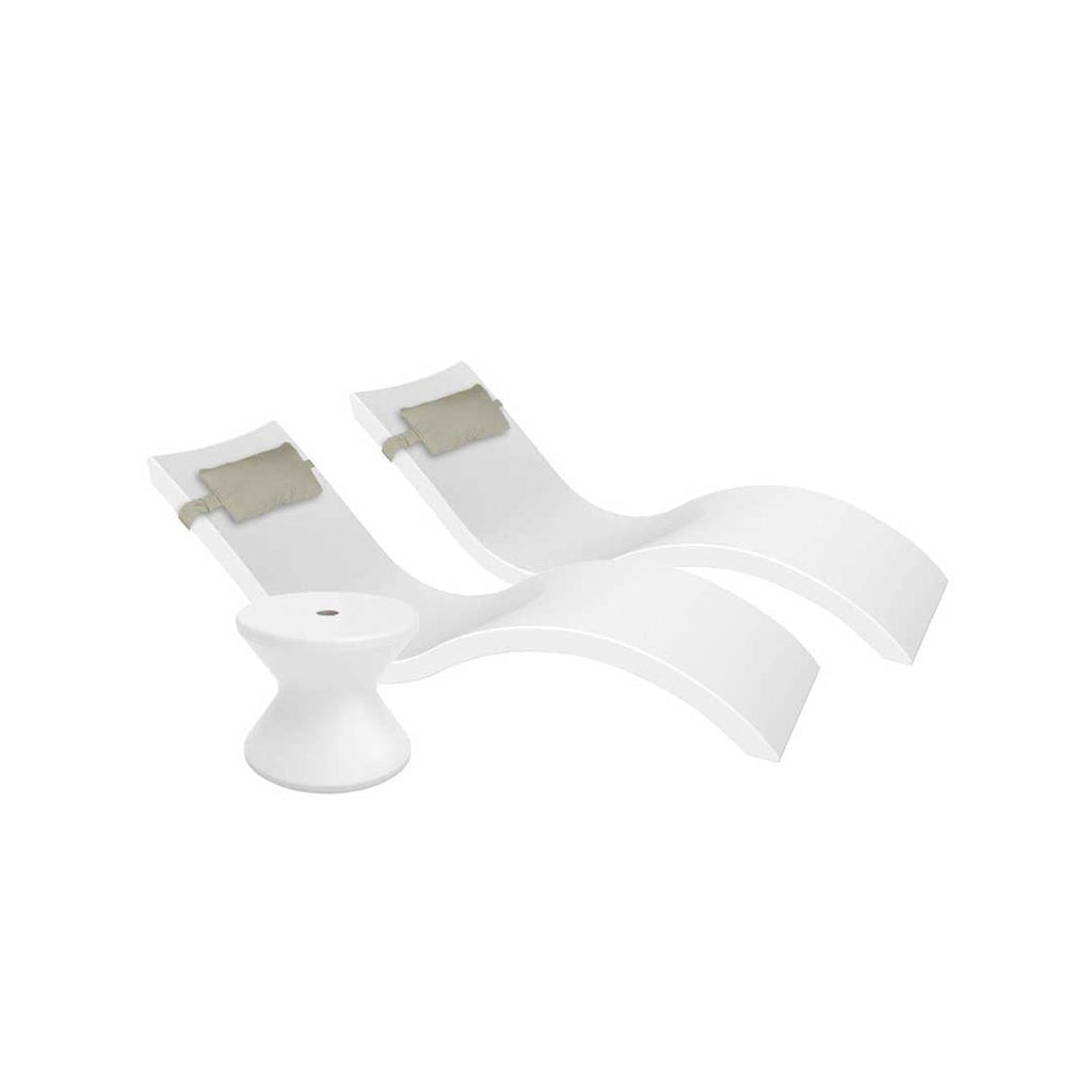 Outdoor Paradise In-Pool Furniture Bundle, 2x Signature Chaises, Side Table with Umbrella hole, 2x Headrest Pillows - White Resin + Cadet gray Pillow