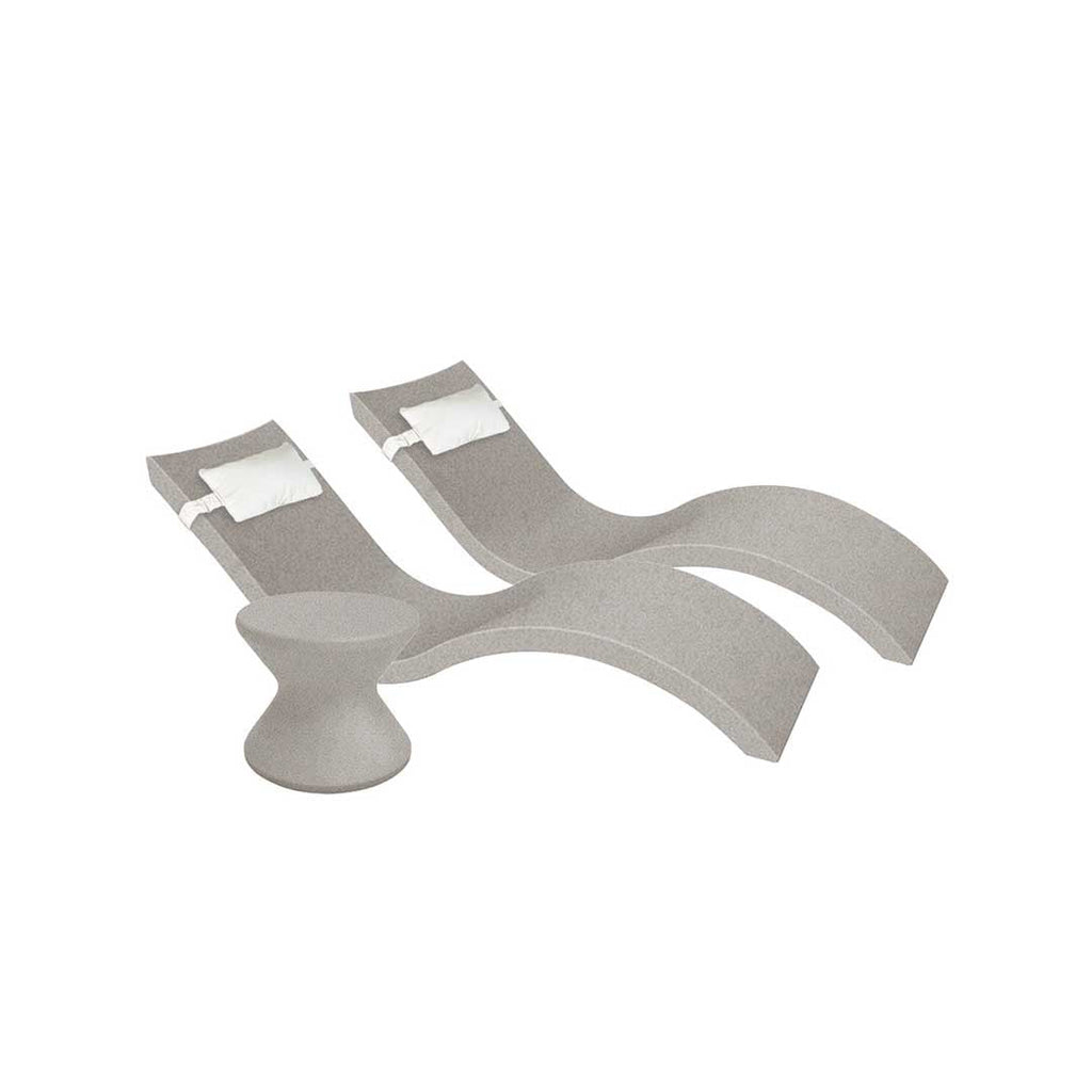 Outdoor Paradise In-Pool Furniture Bundle, 2x Signature Chaises, Side Table without Umbrella hole, 2x Headrest Pillows - Sandstone Resin + White Pillow