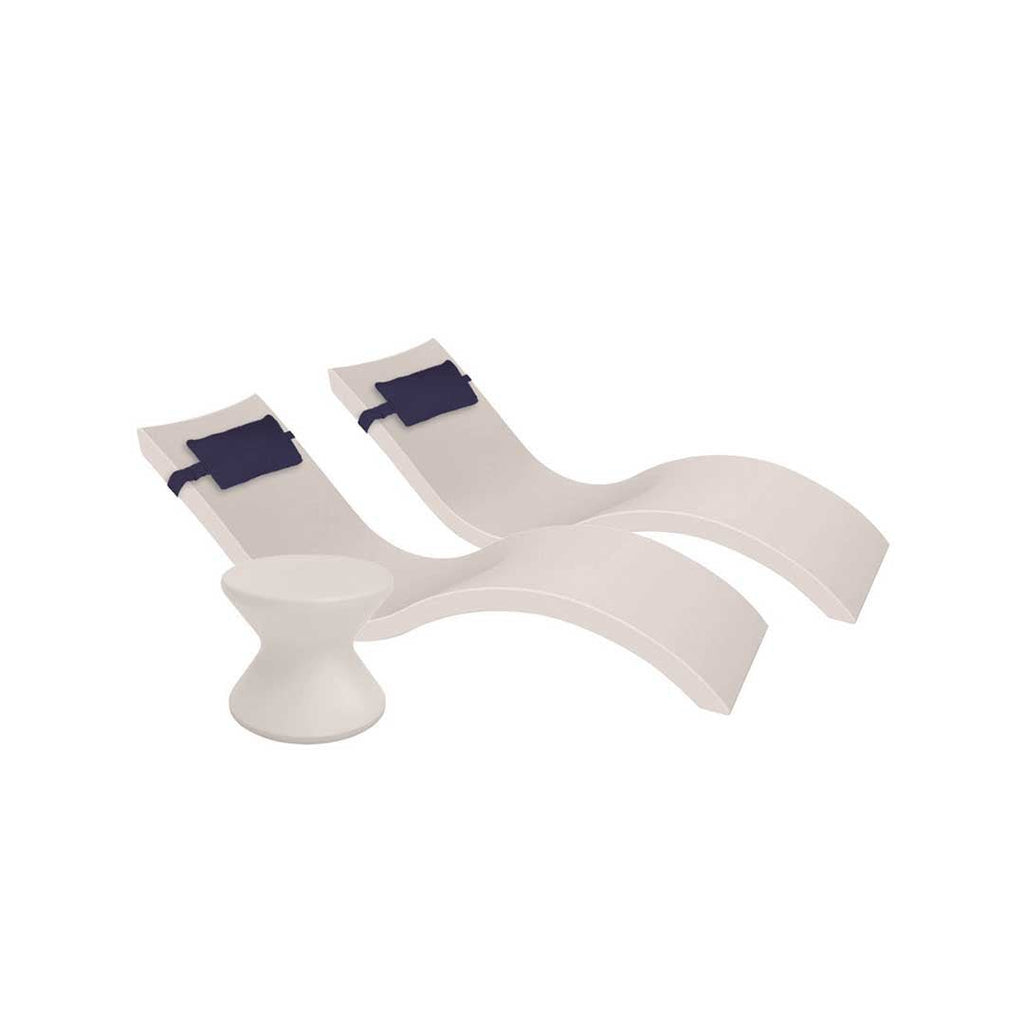 Outdoor Paradise In-Pool Furniture Bundle, 2x Signature Chaises, Side Table without Umbrella hole, 2x Headrest Pillows - Cloud Resin + Captain Navy Pillow