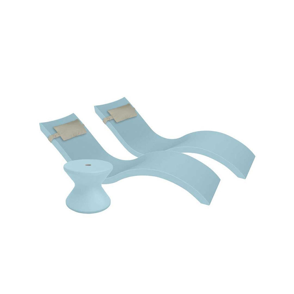 Outdoor Paradise In-Pool Furniture Bundle, 2x Signature Chaises, Side Table with Umbrella hole, 2x Headrest Pillows - Frost Resin + Cadet Gray Pillow