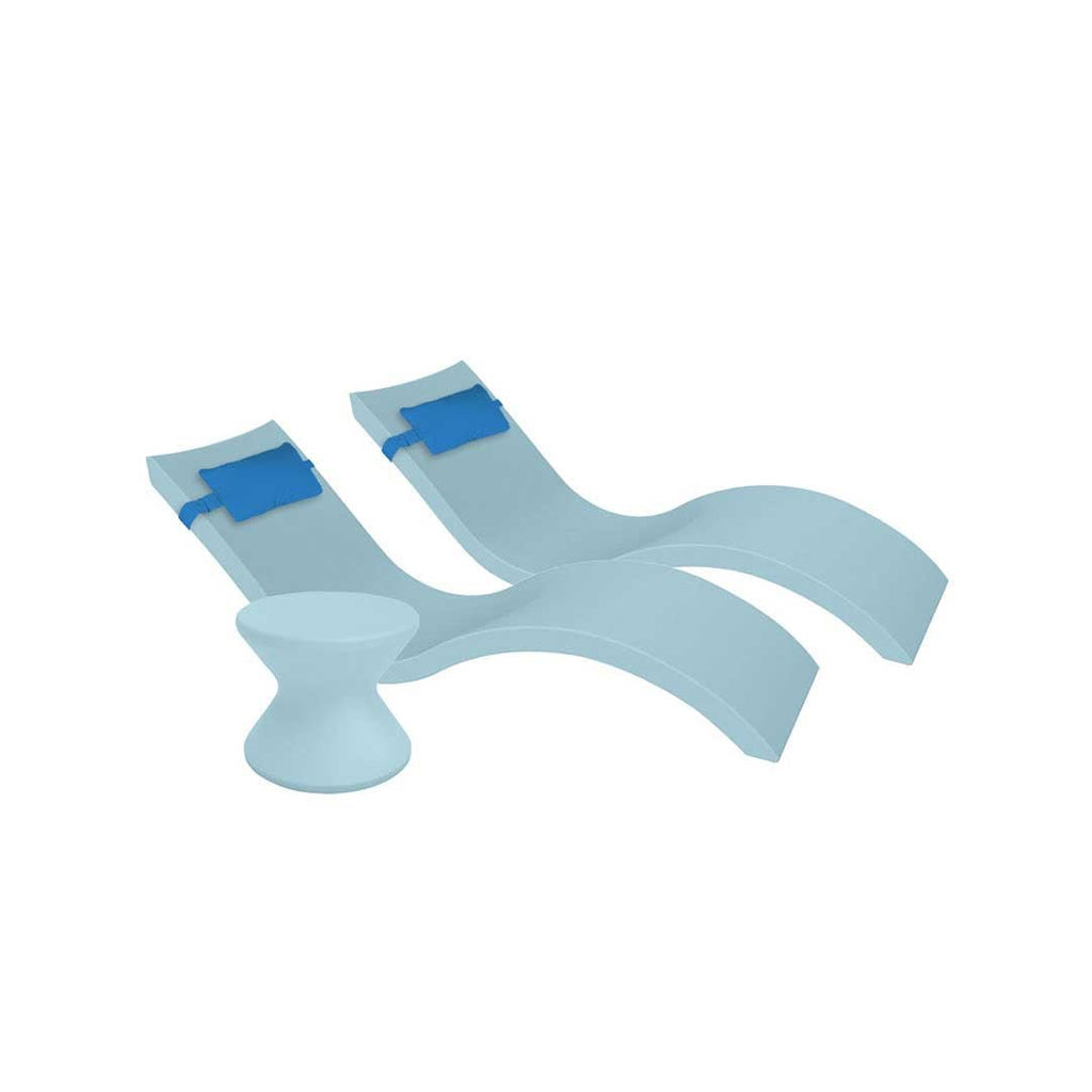 Outdoor Paradise In-Pool Furniture Bundle, 2x Signature Chaises, Side Table without Umbrella hole, 2x Headrest Pillows - Frost Resin + Capri Pillow