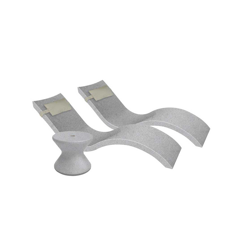 Outdoor Paradise In-Pool Furniture Bundle, 2x Signature Chaises, Side Table with Umbrella hole, 2x Headrest Pillows - Granite Gray Resin + Cadet Gray Pillow