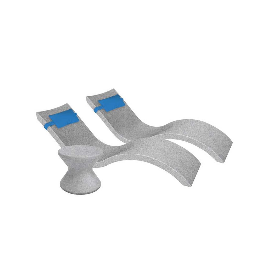 Outdoor Paradise In-Pool Furniture Bundle, 2x Signature Chaises, Side Table without Umbrella hole, 2x Headrest Pillows - Granite Gray Resin + Capri Pillow