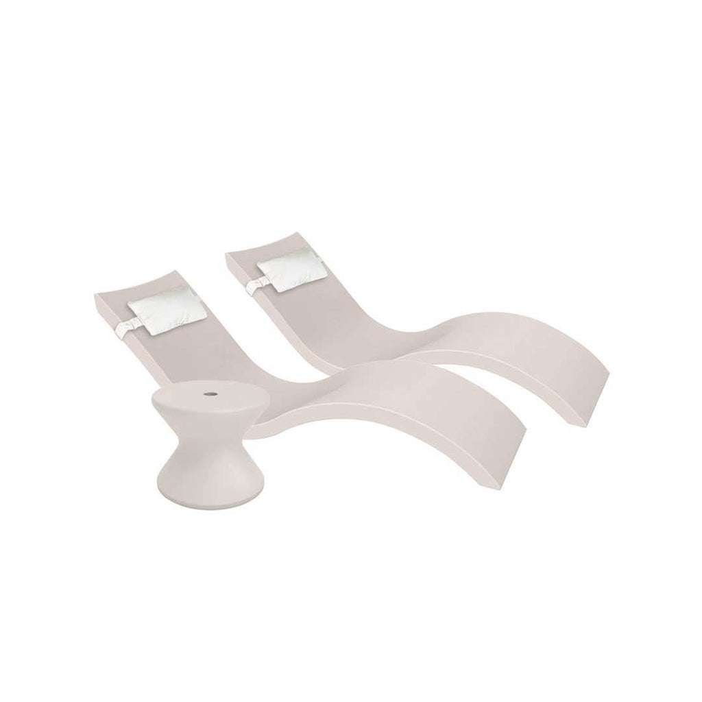 Outdoor Paradise In-Pool Furniture Bundle, 2x Signature Chaises, Side Table with Umbrella hole, 2x Headrest Pillows - Cloud Resin + White Pillow