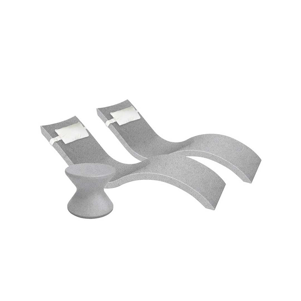 Outdoor Paradise In-Pool Furniture Bundle, 2x Signature Chaises, Side Table without Umbrella hole, 2x Headrest Pillows - Granite Gray Resin + White Pillow