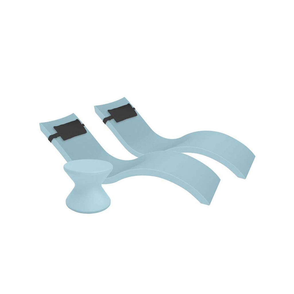 Outdoor Paradise In-Pool Furniture Bundle, 2x Signature Chaises, Side Table without Umbrella hole, 2x Headrest Pillows - Frost Resin + Captain Navy Pillow