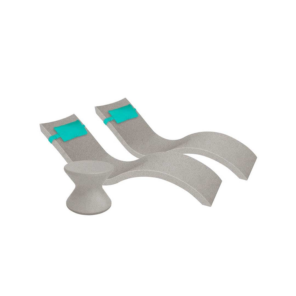Outdoor Paradise In-Pool Furniture Bundle, 2x Signature Chaises, Side Table without Umbrella hole, 2x Headrest Pillows - Sandstone Resin + Aruba Pillow