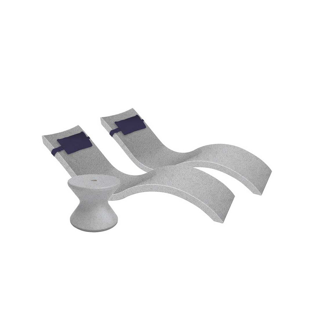Outdoor Paradise In-Pool Furniture Bundle, 2x Signature Chaises, Side Table with Umbrella hole, 2x Headrest Pillows - Granite Gray Resin + Captain Navy Pillow