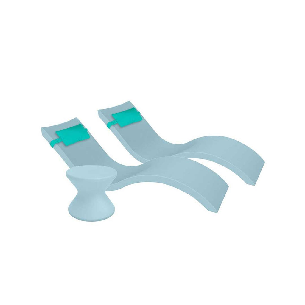 Outdoor Paradise In-Pool Furniture Bundle, 2x Signature Chaises, Side Table without Umbrella hole, 2x Headrest Pillows - Frost Resin + Aruba Pillow