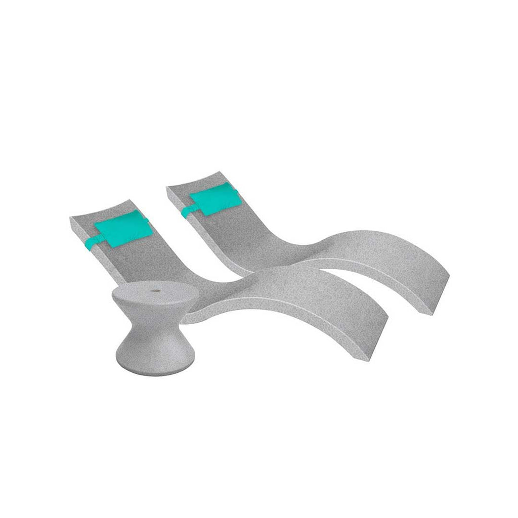 Outdoor Paradise In-Pool Furniture Bundle, 2x Signature Chaises, Side Table with Umbrella hole, 2x Headrest Pillows - Granite Gray Resin + Capri Pillow