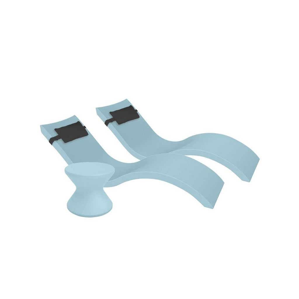Outdoor Paradise In-Pool Furniture Bundle, 2x Signature Chaises, Side Table without Umbrella hole, 2x Headrest Pillows - Frost Resin + Black Pillow