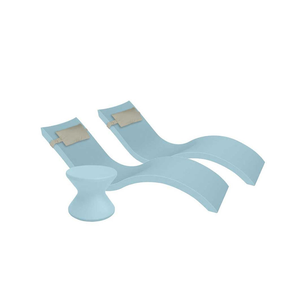 Outdoor Paradise In-Pool Furniture Bundle, 2x Signature Chaises, Side Table without Umbrella hole, 2x Headrest Pillows - Frost Resin + Cadet Gray Pillow