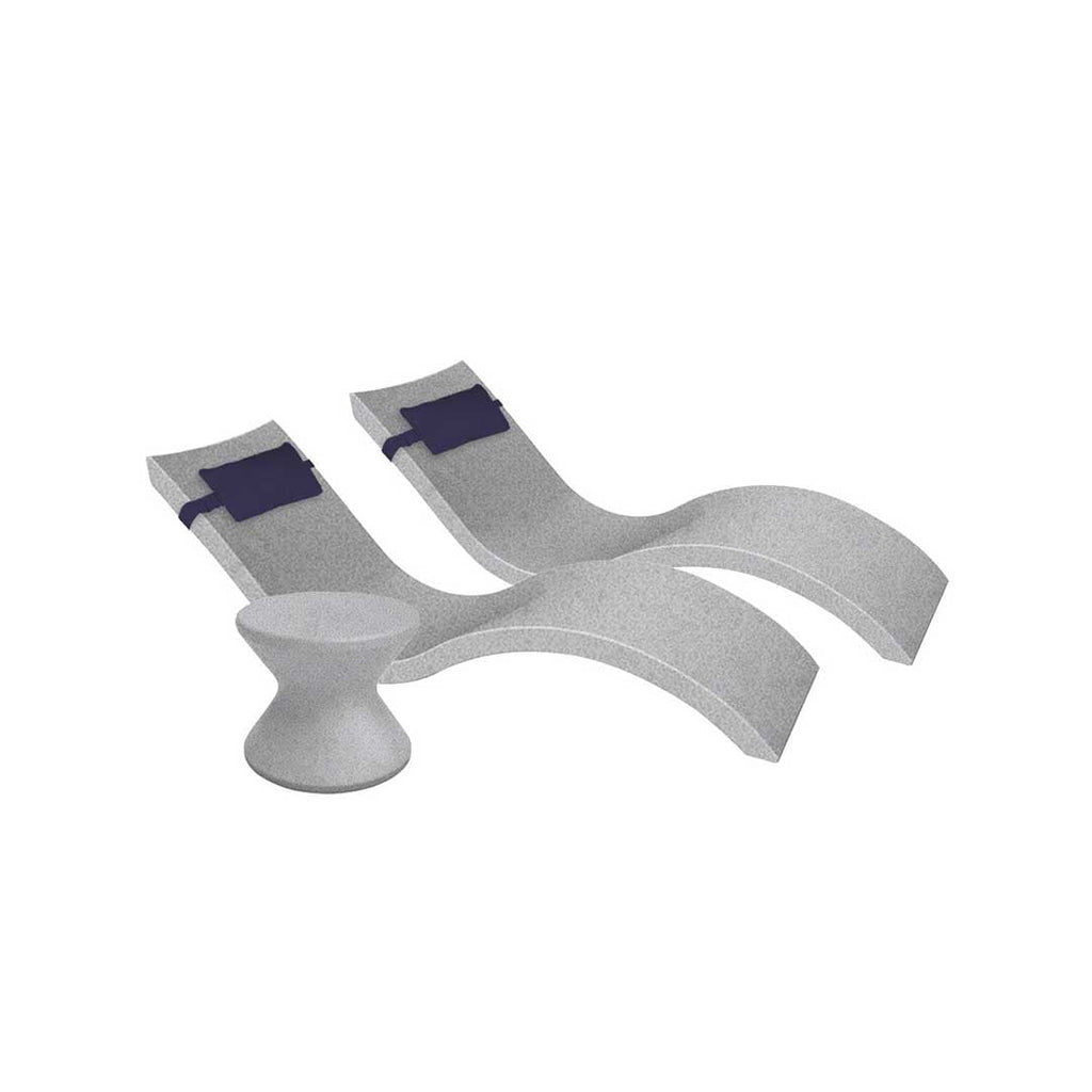 Outdoor Paradise In-Pool Furniture Bundle, 2x Signature Chaises, Side Table without Umbrella hole, 2x Headrest Pillows - Granite Gray Resin + Captain Navy Pillow