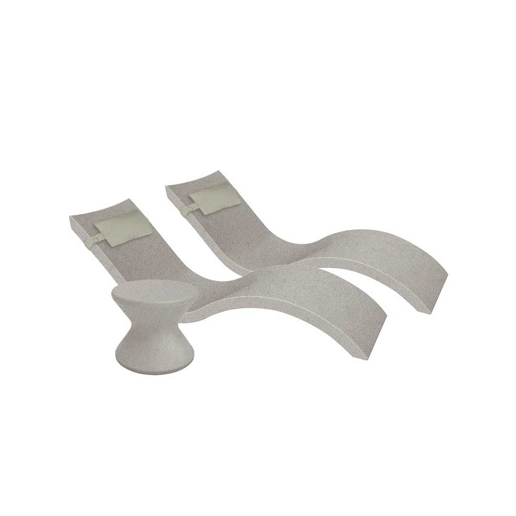 Outdoor Paradise In-Pool Furniture Bundle, 2x Signature Chaises, Side Table without Umbrella hole, 2x Headrest Pillows - Sandstone Resin + Cadet Gray Pillow