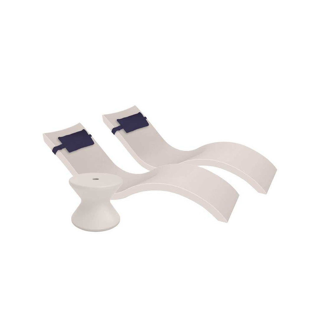 Outdoor Paradise In-Pool Furniture Bundle, 2x Signature Chaises, Side Table with Umbrella hole, 2x Headrest Pillows - Cloud Resin + Captain Navy Pillow