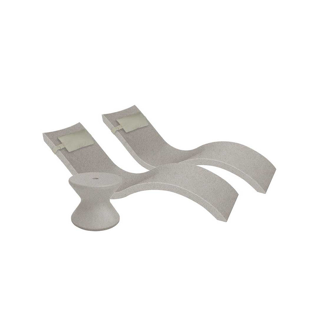 Outdoor Paradise In-Pool Furniture Bundle, 2x Signature Chaises, Side Table With Umbrella hole, 2x Headrest Pillows - Sandstone Resin + Cadet Gray Pillow