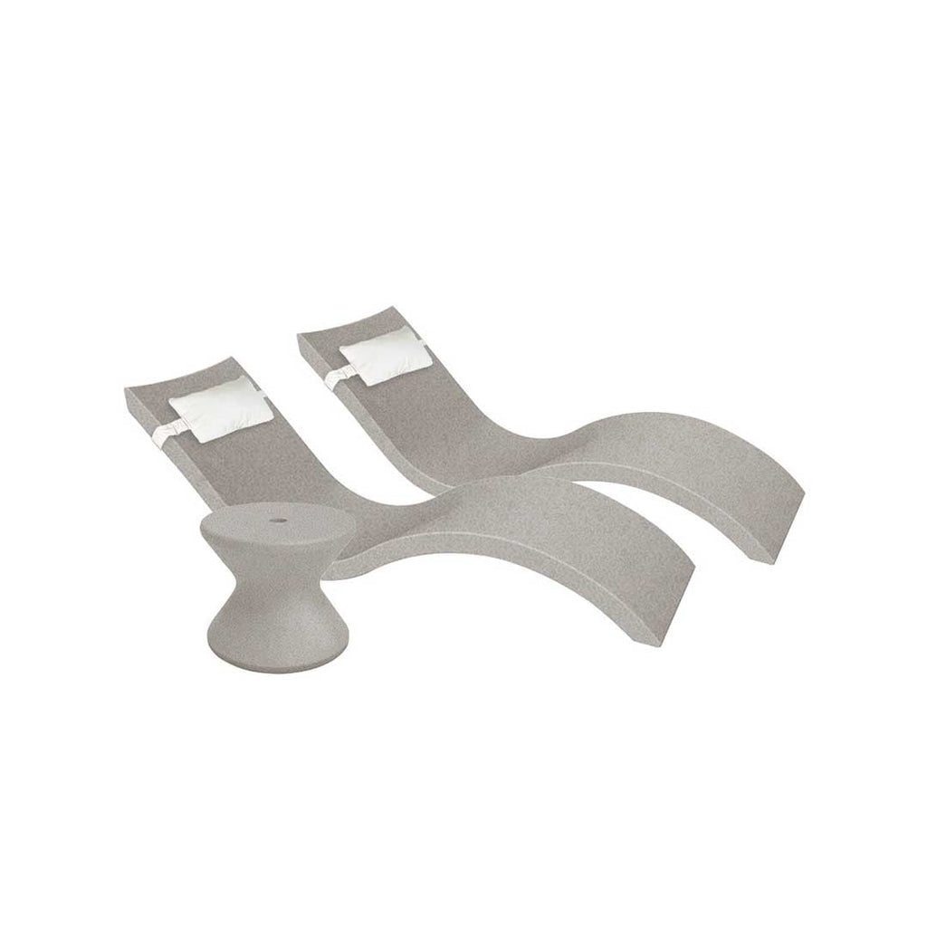 Outdoor Paradise In-Pool Furniture Bundle, 2x Signature Chaises, Side Table With Umbrella hole, 2x Headrest Pillows - Sandstone Resin + White Pillow