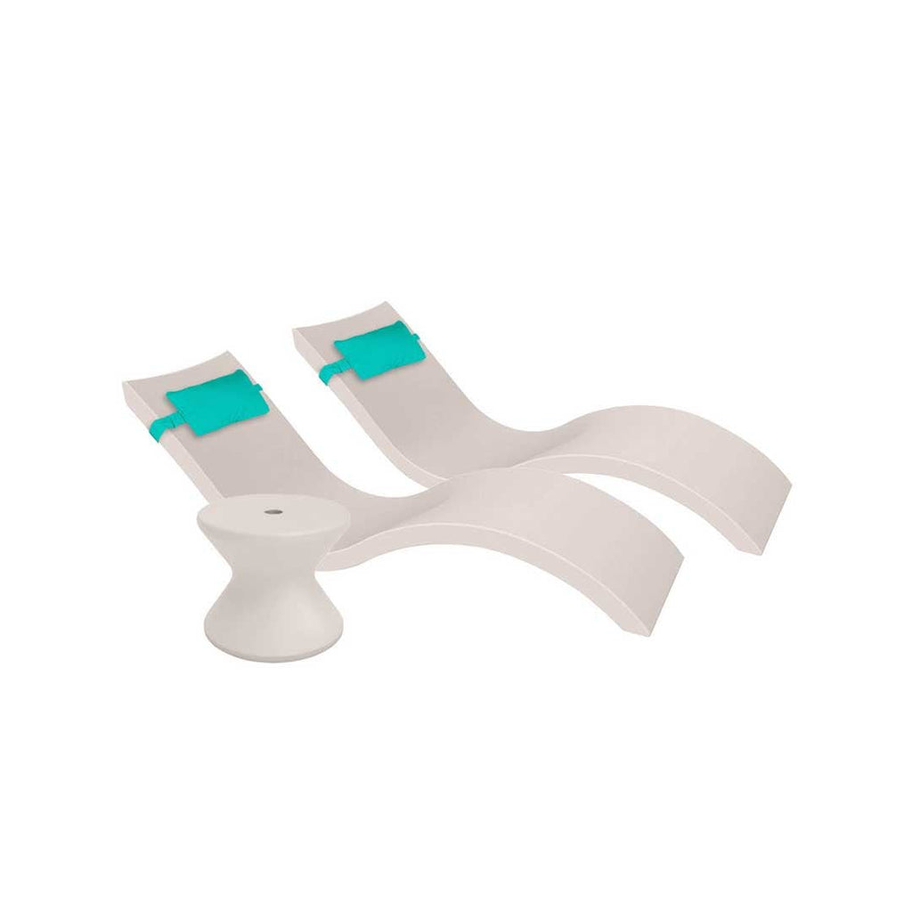Outdoor Paradise In-Pool Furniture Bundle, 2x Signature Chaises, Side Table with Umbrella hole, 2x Headrest Pillows - Cloud Resin + Aruba Pillow