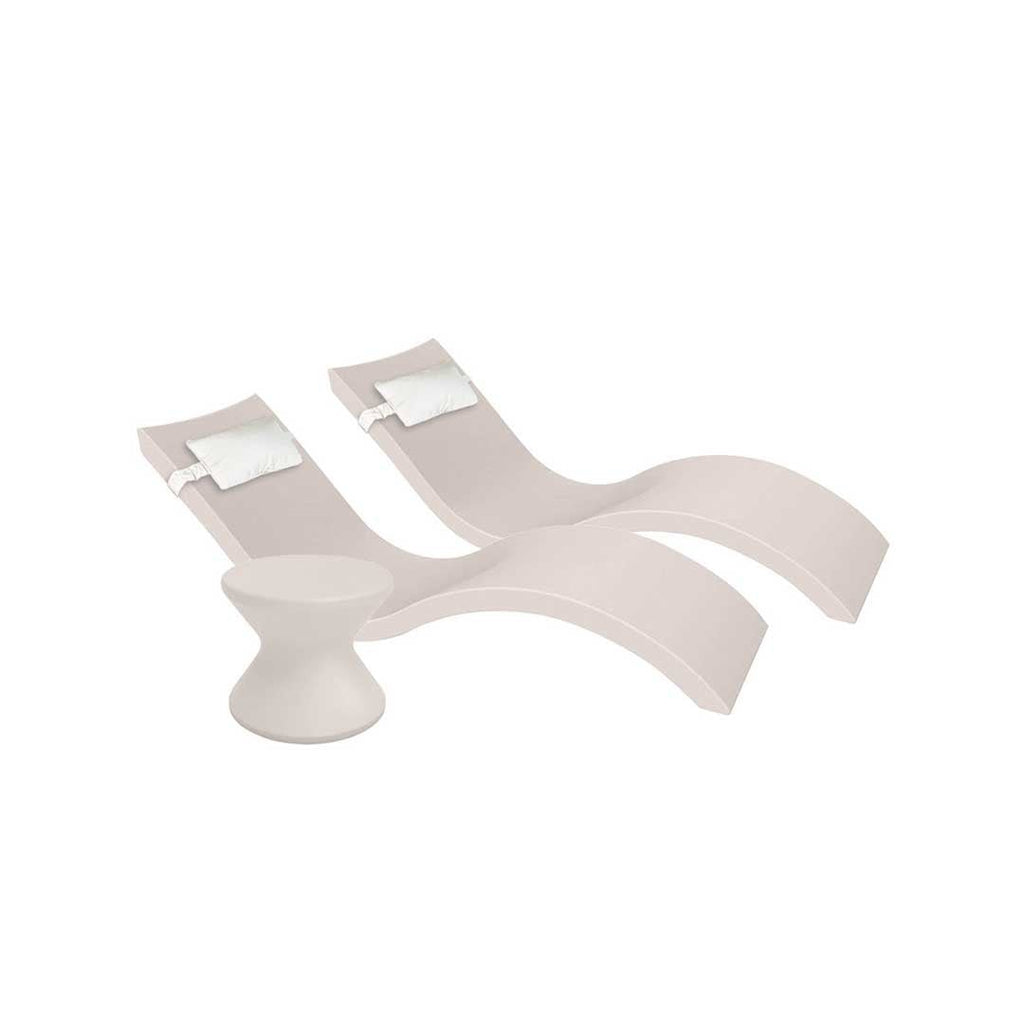 Outdoor Paradise In-Pool Furniture Bundle, 2x Signature Chaises, Side Table without Umbrella hole, 2x Headrest Pillows - Cloud Resin + White Pillow