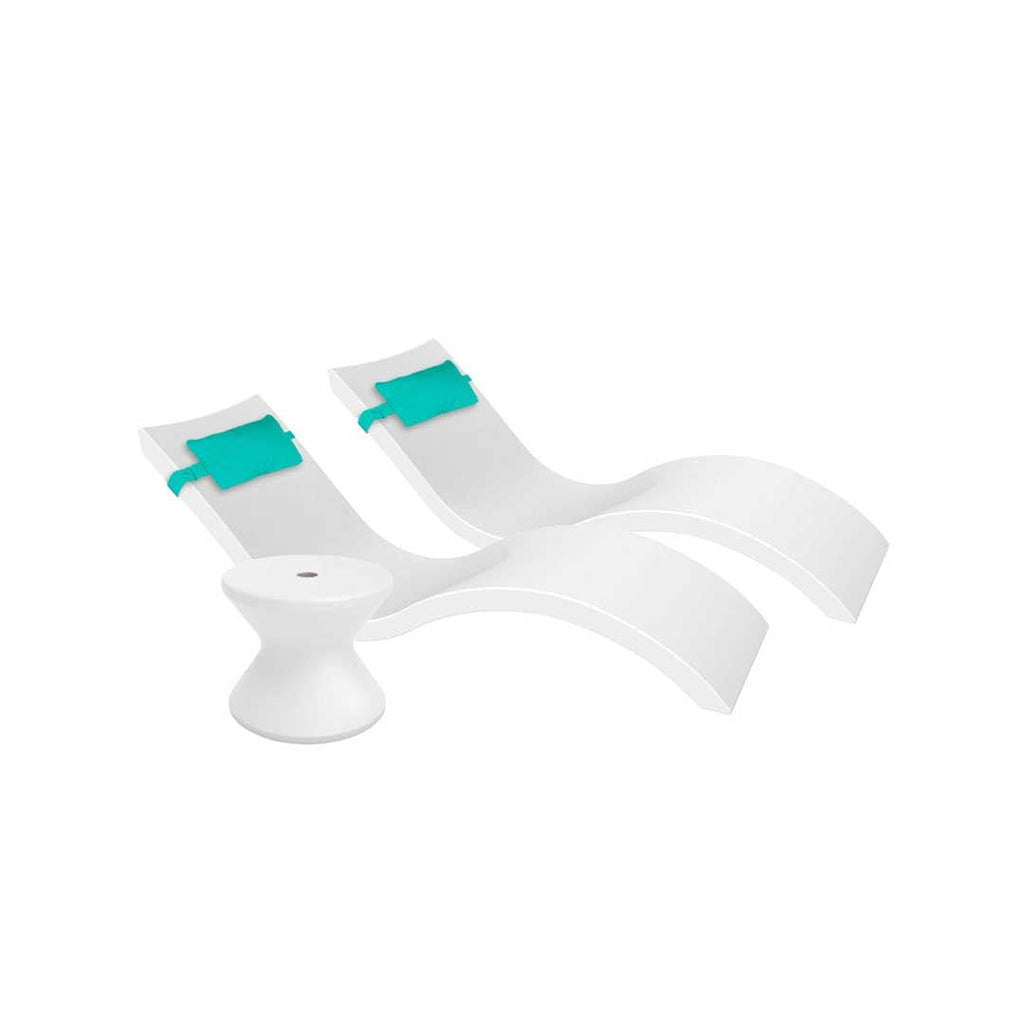 Outdoor Paradise In-Pool Furniture Bundle, 2x Signature Chaises, Side Table with Umbrella hole, 2x Headrest Pillows - White Resin + Aruba Pillow