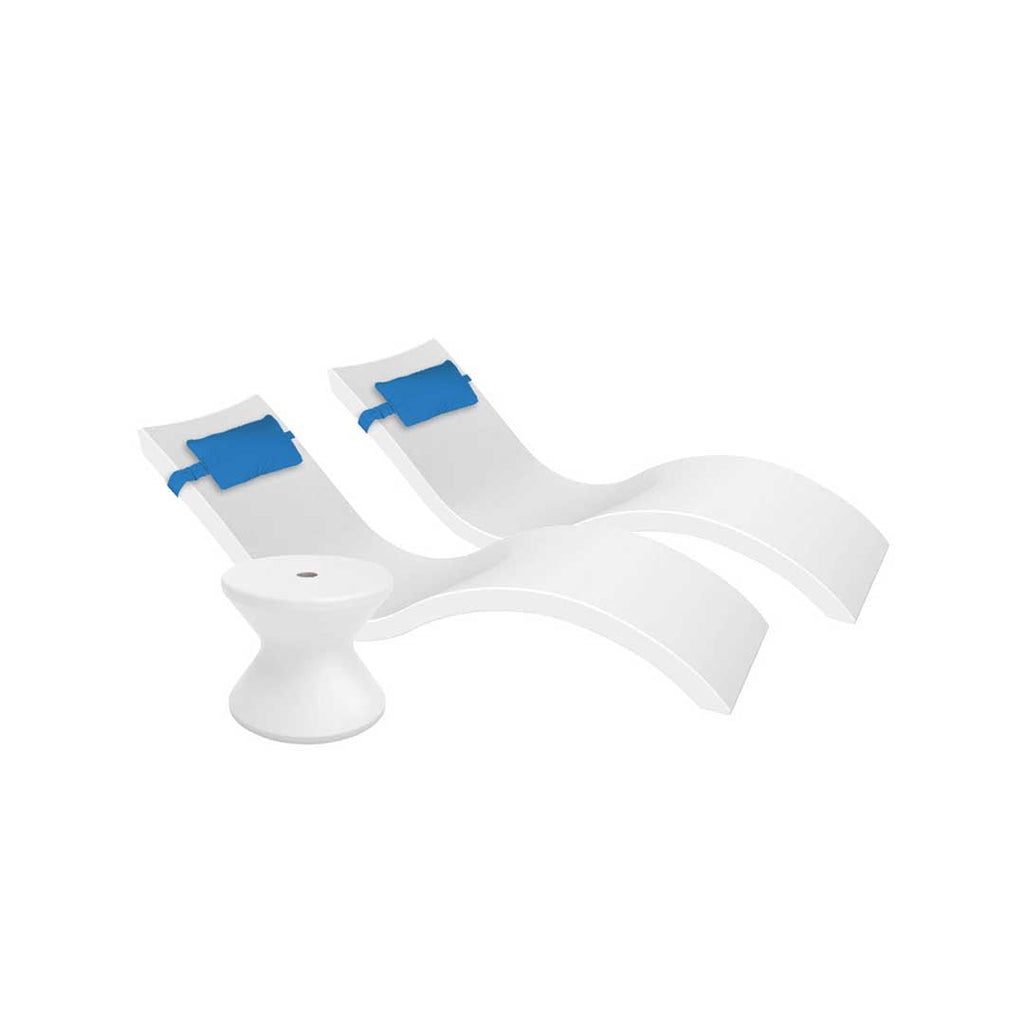 Outdoor Paradise In-Pool Furniture Bundle, 2x Signature Chaises, Side Table with Umbrella hole, 2x Headrest Pillows - White Resin + Capri Pillow