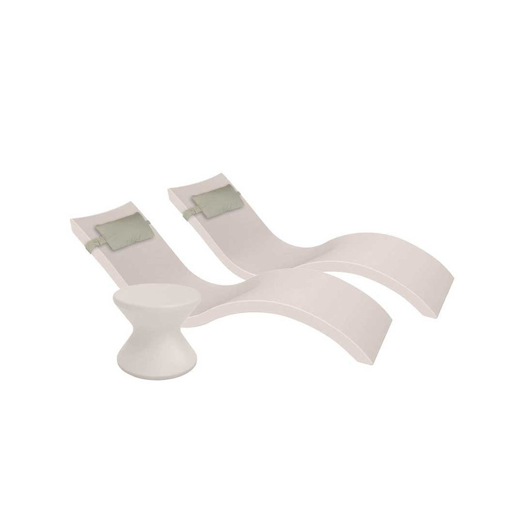 Outdoor Paradise In-Pool Furniture Bundle, 2x Signature Chaises, Side Table without Umbrella hole, 2x Headrest Pillows - Cloud Resin + Cadet Gray Pillow