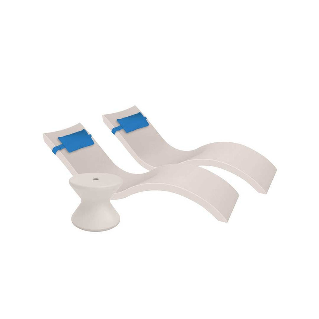 Outdoor Paradise In-Pool Furniture Bundle, 2x Signature Chaises, Side Table with Umbrella hole, 2x Headrest Pillows - Cloud Resin + Capri Pillow