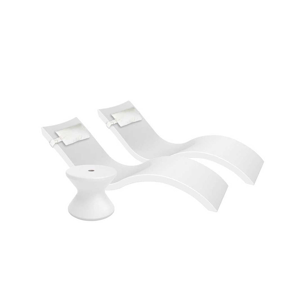 Outdoor Paradise In-Pool Furniture Bundle, 2x Signature Chaises, Side Table with Umbrella hole, 2x Headrest Pillows - White Resin + White Pillow