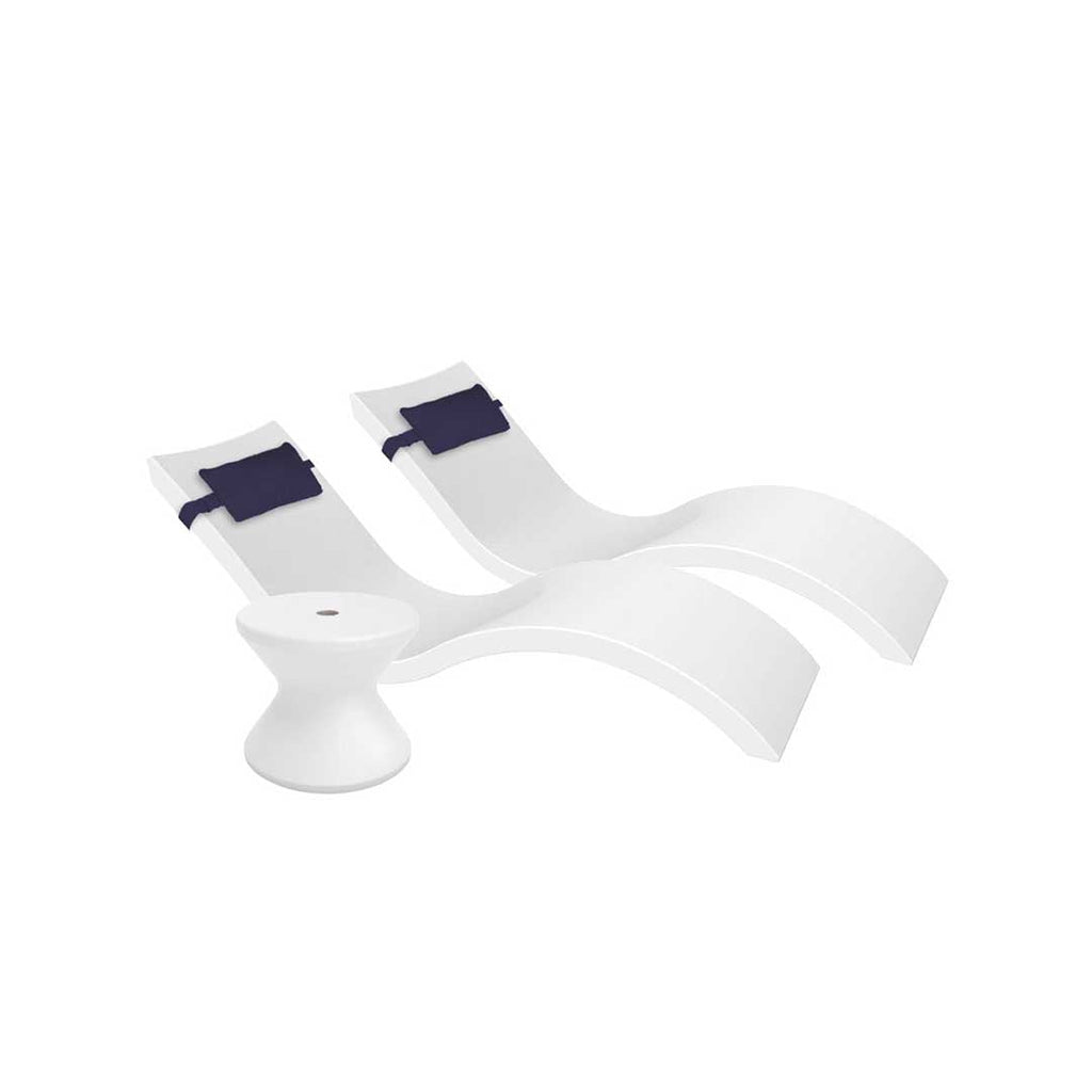 Outdoor Paradise In-Pool Furniture Bundle, 2x Signature Chaises, Side Table with Umbrella hole, 2x Headrest Pillows - White Resin + Captain Navy Pillow