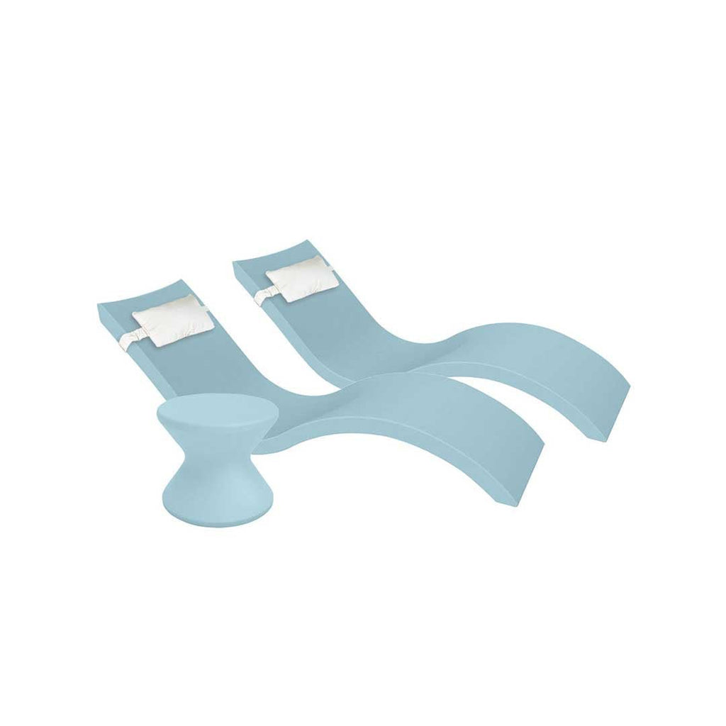 Outdoor Paradise In-Pool Furniture Bundle, 2x Signature Chaises, Side Table without Umbrella hole, 2x Headrest Pillows - Frost Resin + White Pillow