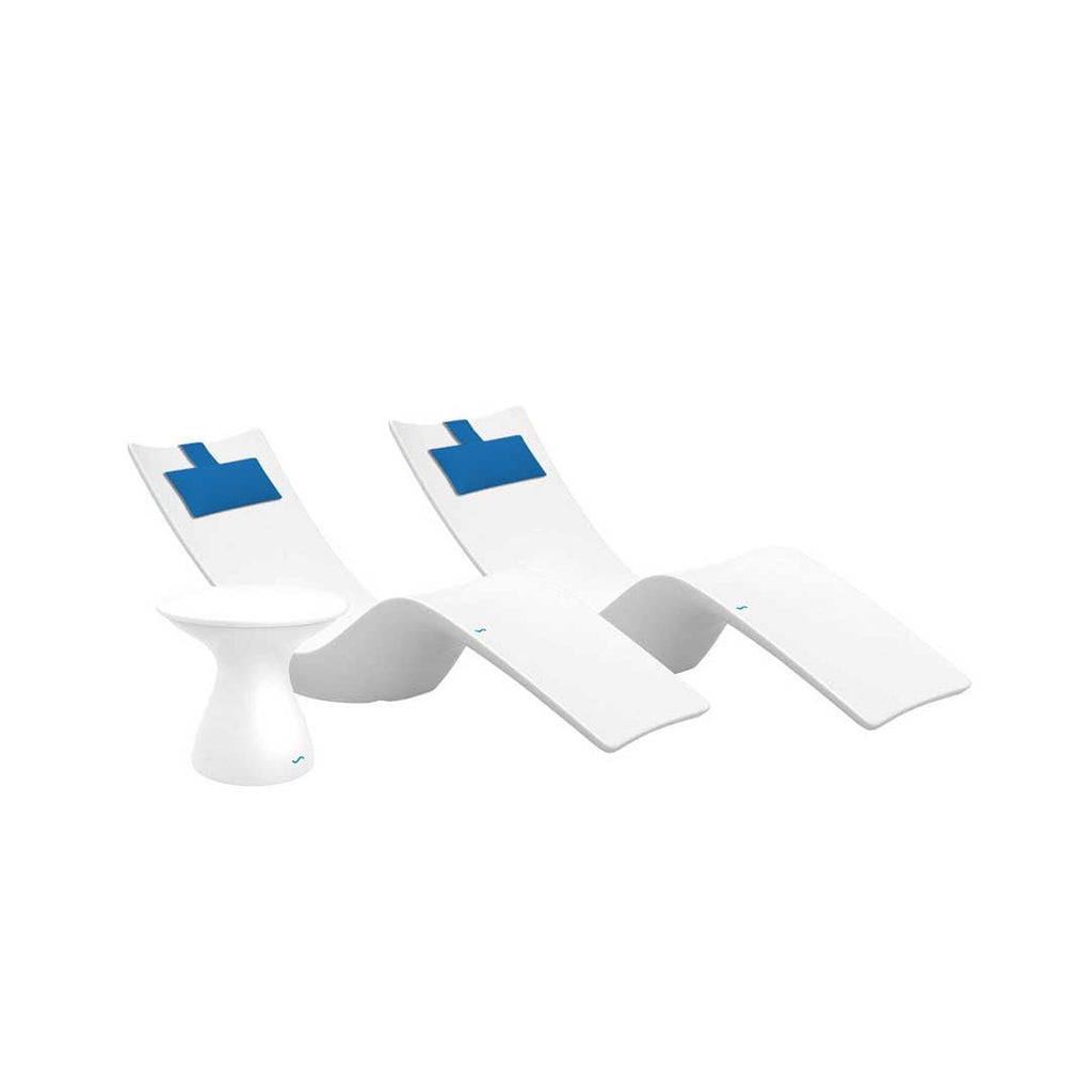 Resort Luxury Outdoor Paradise In-Pool Furniture Bundle, 2x White Autograph Chaises, 2x Capri Headrest Pillows, White with White Lid Side Table 